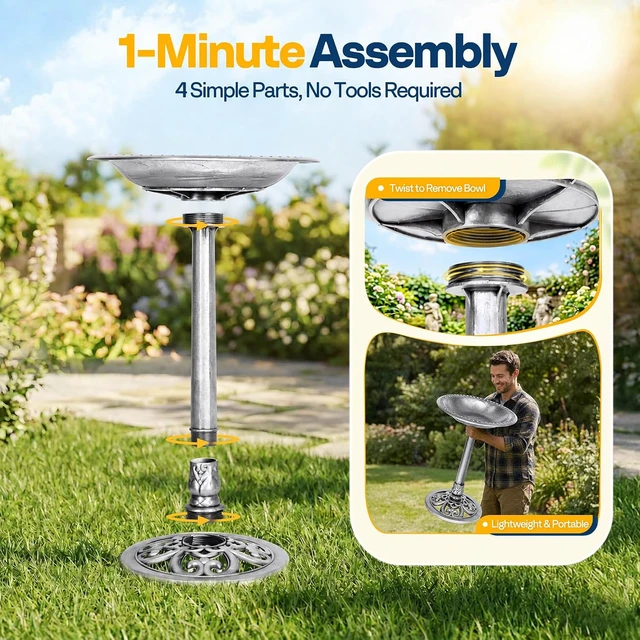 Alt view image 6 of 7 - Bird Bath for Outside, Polyresin Pedestal Birdbath, Silver