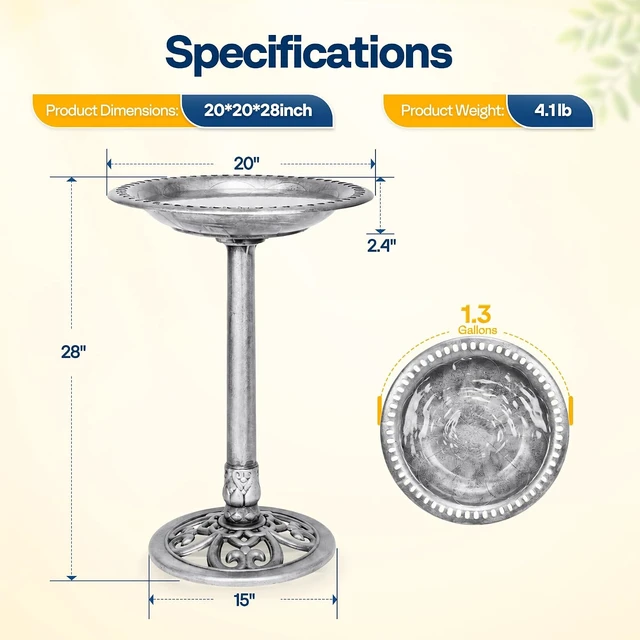 Alt view image 7 of 7 - Bird Bath for Outside, Polyresin Pedestal Birdbath, Silver