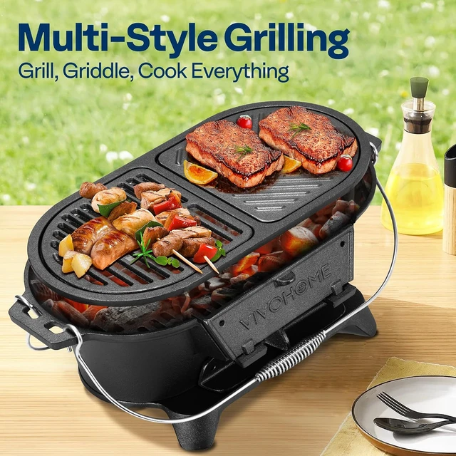 Alt view image 2 of 7 - Oval Cast Iron Grill with Interchangeable Grates & Griddle
