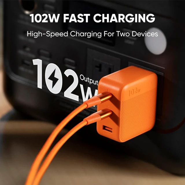 Alt view image 2 of 6 - 102W GaN 3-Port Fast Charger, Dual 100W USB-C & 18W USB-A Ports, Quick Charging with PD3.0, PPS, QC4.0, Compatible with Explorer 100Plus/240v2/300Plus