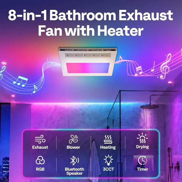 Alt view image 2 of 7 - 1800W PTC Bathroom Exhaust Fan with Light and Heater, 160CFM, RGB