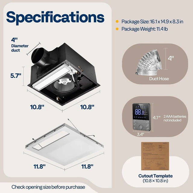 Alt view image 7 of 7 - 1800W PTC Bathroom Exhaust Fan with Light and Heater, 160CFM, RGB