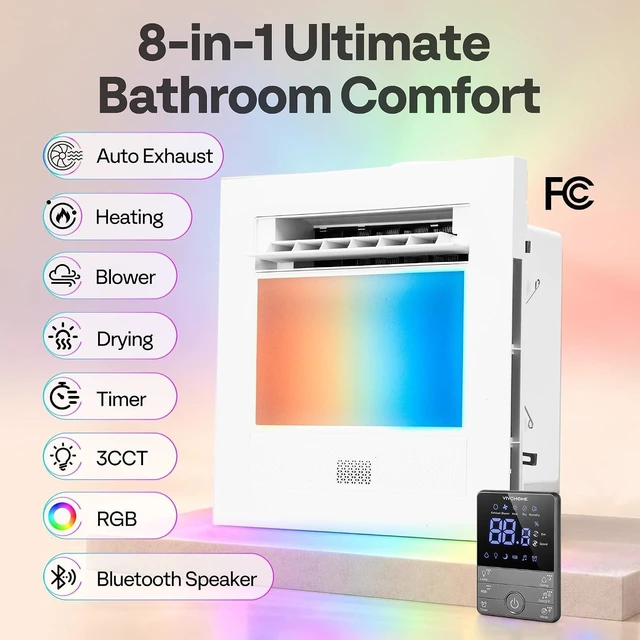 Alt view image 2 of 7 - 1800W PTC Bathroom Exhaust Fan with Light and Heater, 240CFM, RGB