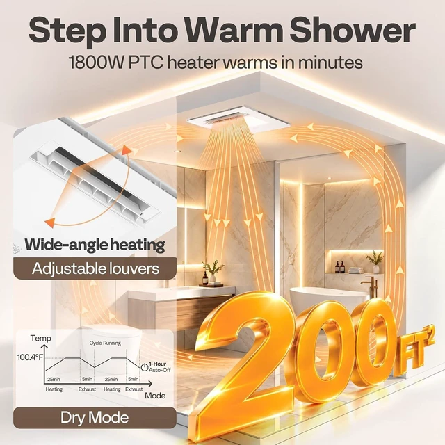 Alt view image 4 of 7 - 1800W PTC Bathroom Exhaust Fan with Light and Heater, 240CFM, RGB