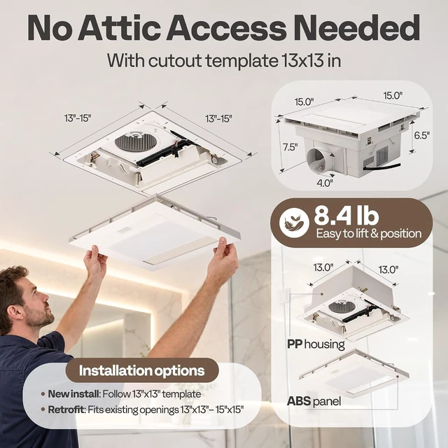 Alt view image 6 of 7 - 1800W PTC Bathroom Exhaust Fan with Light and Heater, 240CFM, 3CCT