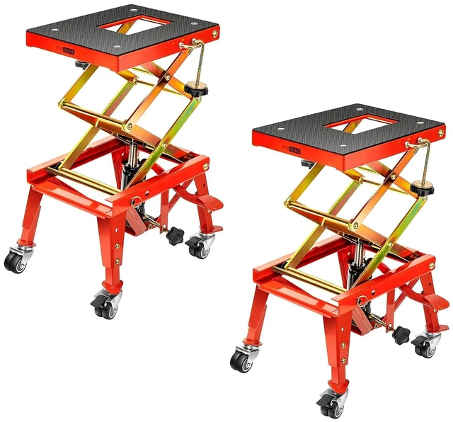 Main image of 350 Lbs Heavy Duty Hydraulic Motorcycle Lift Jack, ATV Dirt Bike Foot Operated Scissor Stand Table with 4 Wheels and Removable Stopper, Red 2 Pack