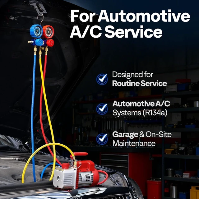 Alt view image 3 of 7 - 1/4 HP 3.5CFM 1 Stage AC Vacuum Pump and R134a Manifold Gauge Set
