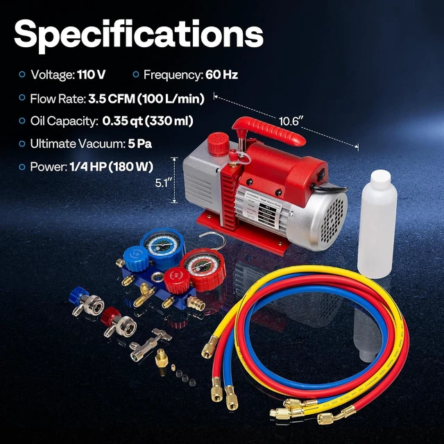 Alt view image 7 of 7 - 1/4 HP 3.5CFM 1 Stage AC Vacuum Pump and R134a Manifold Gauge Set
