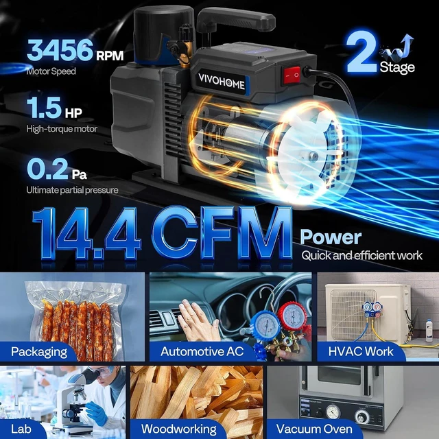 Alt view image 3 of 7 - A2L 1.5 HP 14.4 CFM 2 Stage HVAC Vacuum Pump with Sparkless Motor