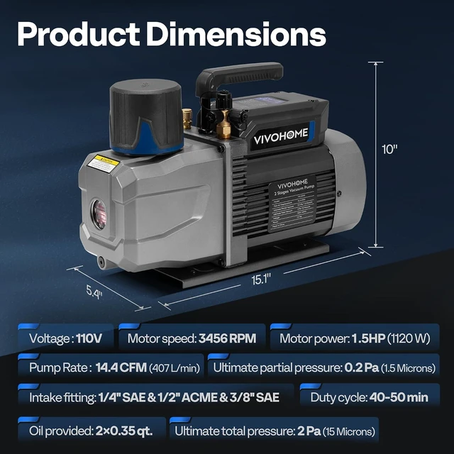Alt view image 7 of 7 - A2L 1.5 HP 14.4 CFM 2 Stage HVAC Vacuum Pump with Sparkless Motor