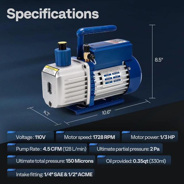 Alt view image 7 of 7 - A2L 1/3 HP 4.5 CFM 1 Stage HVAC Vacuum Pump with Sparkless Motor