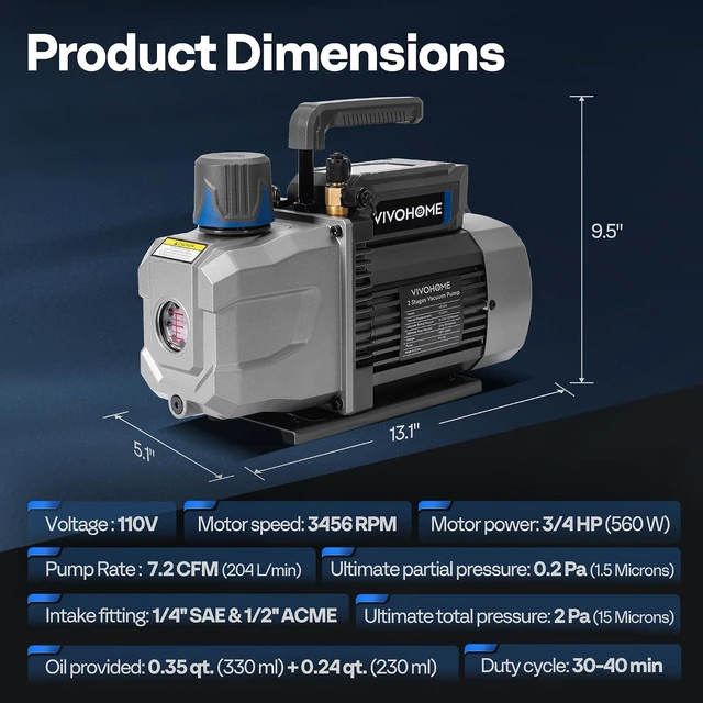 Alt view image 7 of 7 - A2L 3/4 HP 7.2 CFM 2 Stage HVAC Vacuum Pump with Sparkless Motor