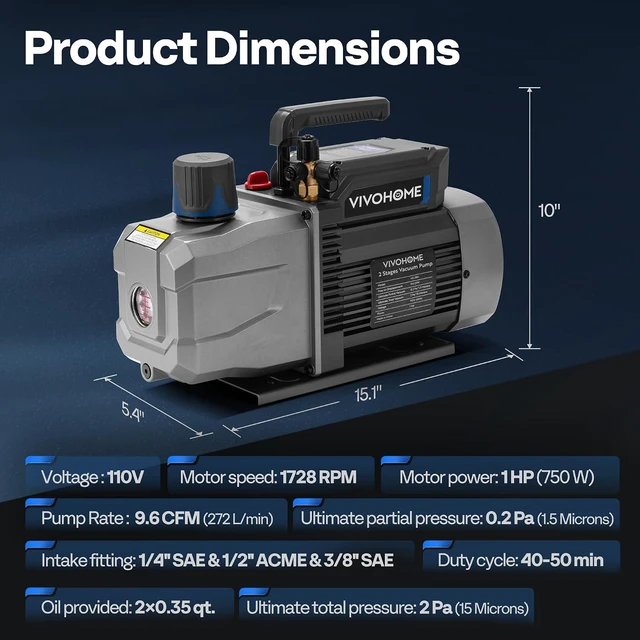 Alt view image 7 of 7 - A2L 1 HP 9.6 CFM 2 Stage HVAC Vacuum Pump with Sparkless Motor