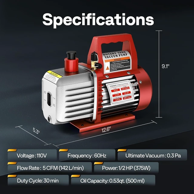 Alt view image 7 of 7 - 110V 1/2 HP 5 CFM Dual Stage Rotary Vane HVAC Air Vacuum Pump