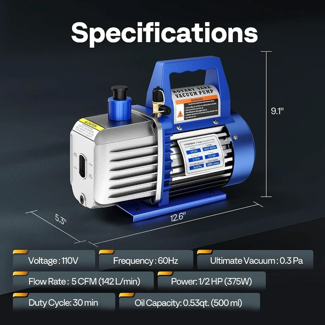 Alt view image 5 of 7 - 110V 1/2 HP 5 CFM Dual Stage Rotary Vane HVAC Air Vacuum Pump