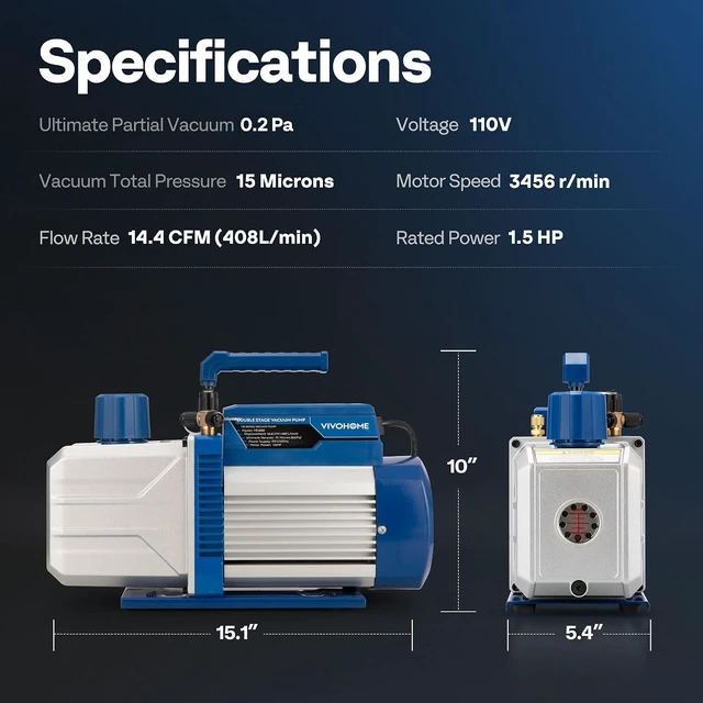 Alt view image 7 of 7 - 1.5 HP 14.4CFM 2 Stage AC Vacuum Pump and 4 Way Manifold Gauge Set