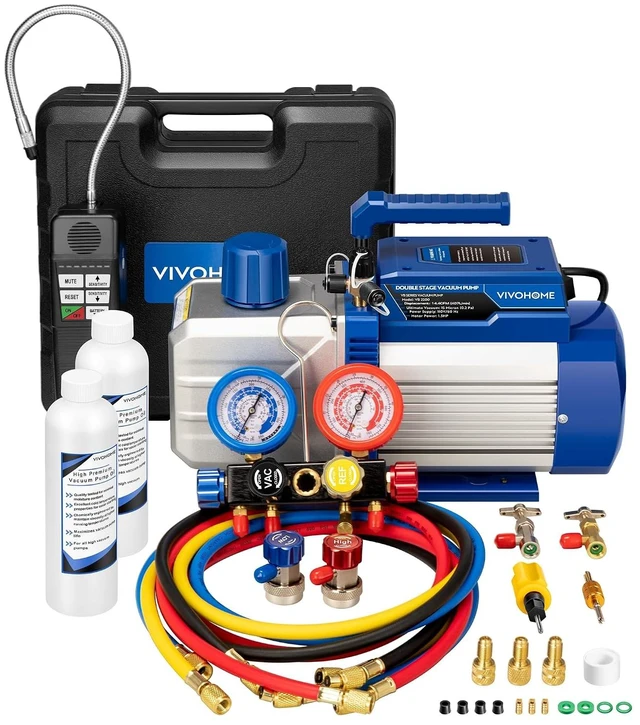 Main image of 1.5 HP 14.4CFM 2 Stage AC Vacuum Pump and 4 Way Manifold Gauge Set