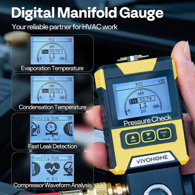 Alt view image 2 of 7 - Digital HVAC Manifold Gauge, Refrigeration AC Gauge for R134a R410a R32 R1234yf R454B Refrigerant Recharge, Pressure Temp Test Leak Detection with Backlit LCD and Carry Bag
