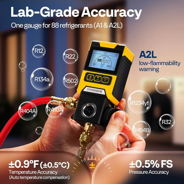 Alt view image 3 of 7 - Digital HVAC Manifold Gauge, Refrigeration AC Gauge for R134a R410a R32 R1234yf R454B Refrigerant Recharge, Pressure Temp Test Leak Detection with Backlit LCD and Carry Bag