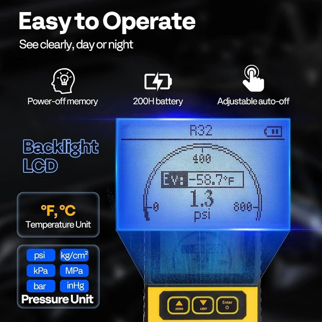 Alt view image 4 of 7 - Digital HVAC Manifold Gauge, Refrigeration AC Gauge for R134a R410a R32 R1234yf R454B Refrigerant Recharge, Pressure Temp Test Leak Detection with Backlit LCD and Carry Bag