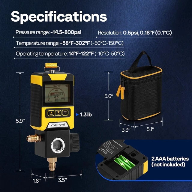 Alt view image 7 of 7 - Digital HVAC Manifold Gauge, Refrigeration AC Gauge for R134a R410a R32 R1234yf R454B Refrigerant Recharge, Pressure Temp Test Leak Detection with Backlit LCD and Carry Bag