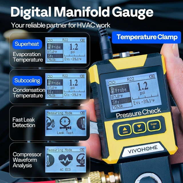 Alt view image 2 of 7 - Digital HVAC Manifold Gauge, Refrigeration AC Gauge with Wired Temperature Clamp Probe for R134a R410a R32 R1234yf R454B Recharge, Pressure Temp Test Leak Detection with Backlit LCD Carry Bag