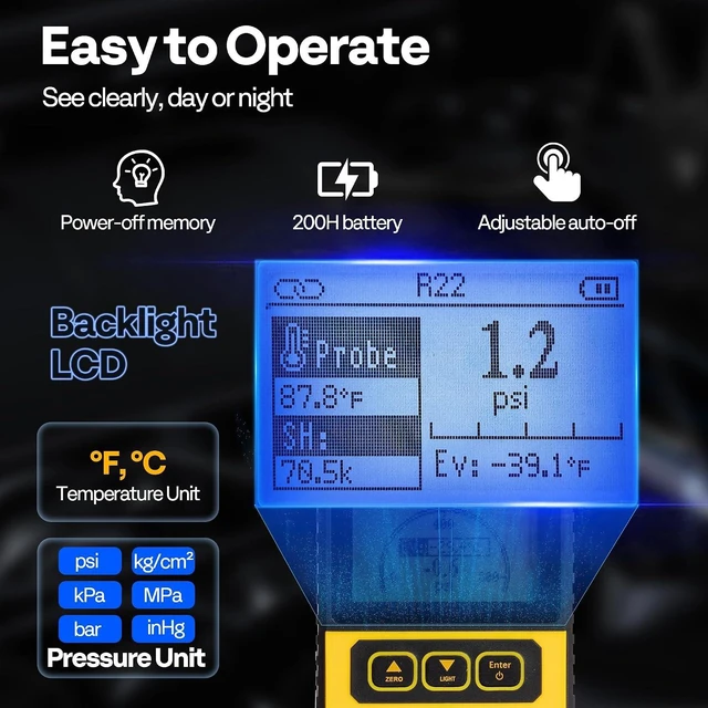 Alt view image 4 of 7 - Digital HVAC Manifold Gauge, Refrigeration AC Gauge with Wired Temperature Clamp Probe for R134a R410a R32 R1234yf R454B Recharge, Pressure Temp Test Leak Detection with Backlit LCD Carry Bag