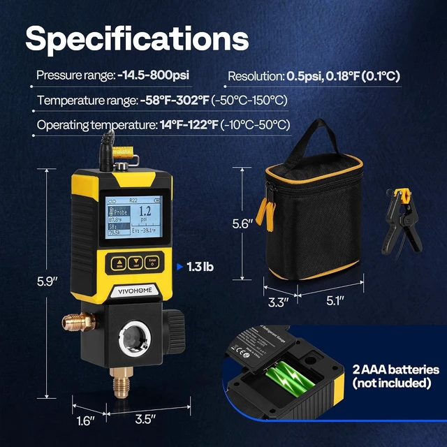 Alt view image 7 of 7 - Digital HVAC Manifold Gauge, Refrigeration AC Gauge with Wired Temperature Clamp Probe for R134a R410a R32 R1234yf R454B Recharge, Pressure Temp Test Leak Detection with Backlit LCD Carry Bag
