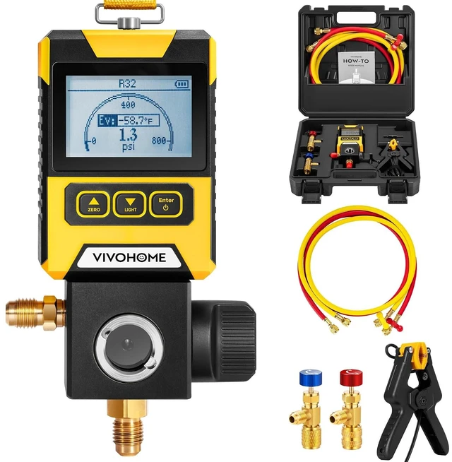 Main image of Digital HVAC Manifold Gauge Set, Refrigeration AC Gauge with Wired Temperature Clamp Probe and 2 Hoses for R134a R410a R32 R1234yf R454B Recharge, Pressure Temp Test Leak Detection