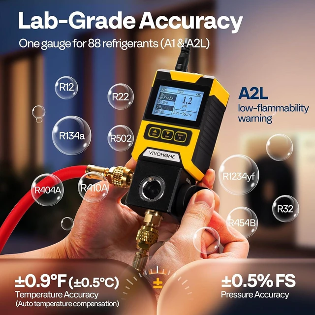Alt view image 3 of 7 - Digital HVAC Manifold Gauge, Refrigeration AC Gauge with Wired Temperature Clamp Probe for R134a R410a R32 R1234yf R454B Recharge, Pressure Temp Test Leak Detection with Backlit LCD Carry Bag