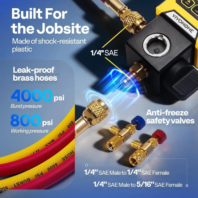 Alt view image 4 of 6 - Digital HVAC Manifold Gauge Set, Refrigeration AC Gauge with Wired Temperature Clamp Probe and 2 Hoses for R134a R410a R32 R1234yf R454B Recharge, Pressure Temp Test Leak Detection