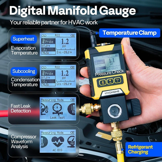 Alt view image 2 of 6 - Digital HVAC Manifold Gauge Set, Refrigeration AC Gauge with Wired Temperature Clamp Probe and 2 Hoses for R134a R410a R32 R1234yf R454B Recharge, Pressure Temp Test Leak Detection