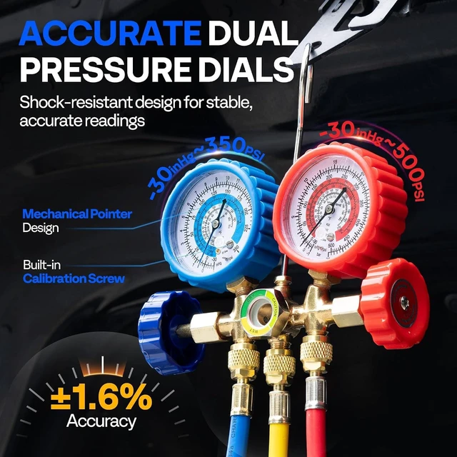 Alt view image 2 of 7 - R134a 5ft HVAC Manifold Gauge Set with Quick Couplers and Can Taps