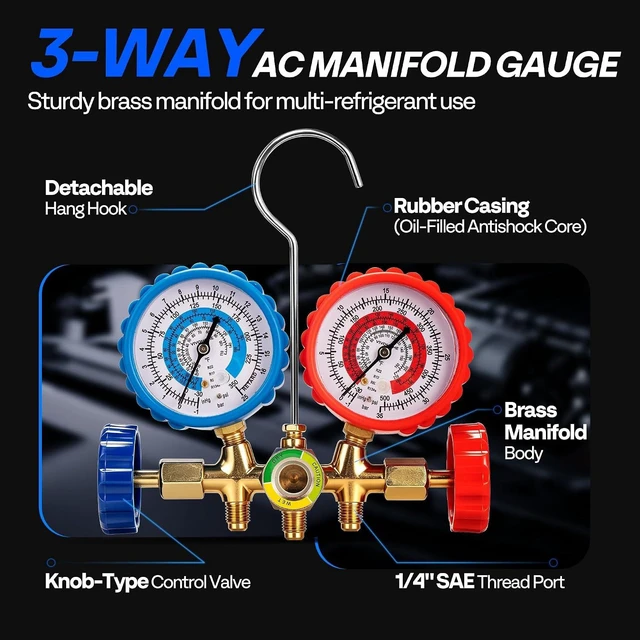 Alt view image 3 of 7 - R134a 5ft HVAC Manifold Gauge Set with Quick Couplers and Can Taps