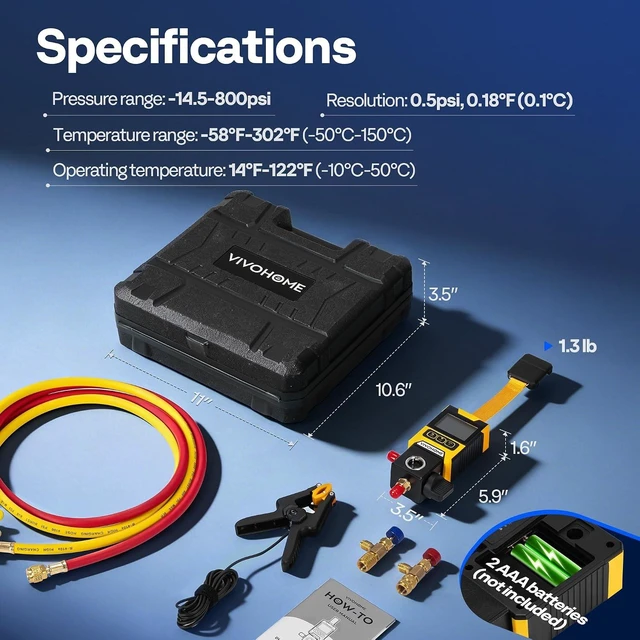 Alt view image 6 of 6 - Digital HVAC Manifold Gauge Set, Refrigeration AC Gauge with Wired Temperature Clamp Probe and 2 Hoses for R134a R410a R32 R1234yf R454B Recharge, Pressure Temp Test Leak Detection