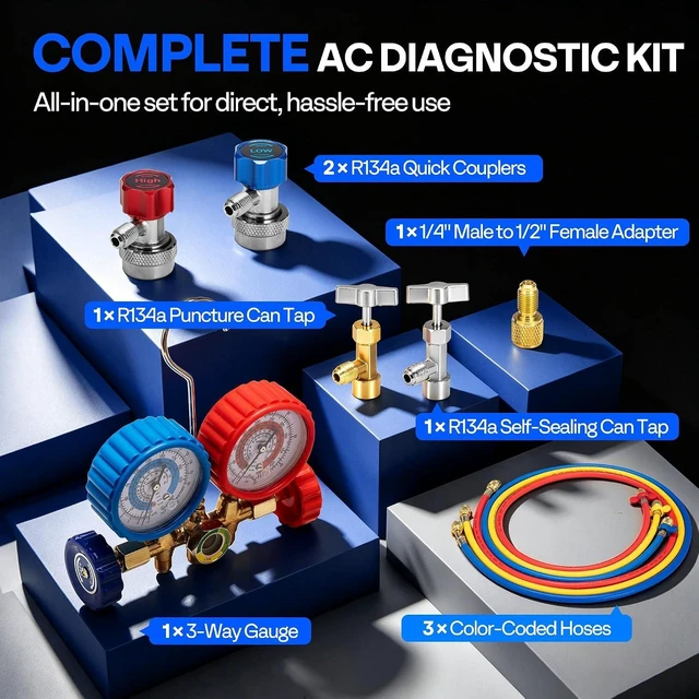Alt view image 6 of 7 - R134a 5ft HVAC Manifold Gauge Set with Quick Couplers and Can Taps