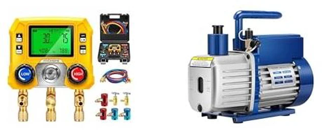 Main image of Digital HVAC Manifold Gauge Set with R134a R1234yf Quick Couplers and Can Taps with 1/4 HP 3.5 CFM Single Stage A2L HVAC Vacuum Pump, Sparkless Motor