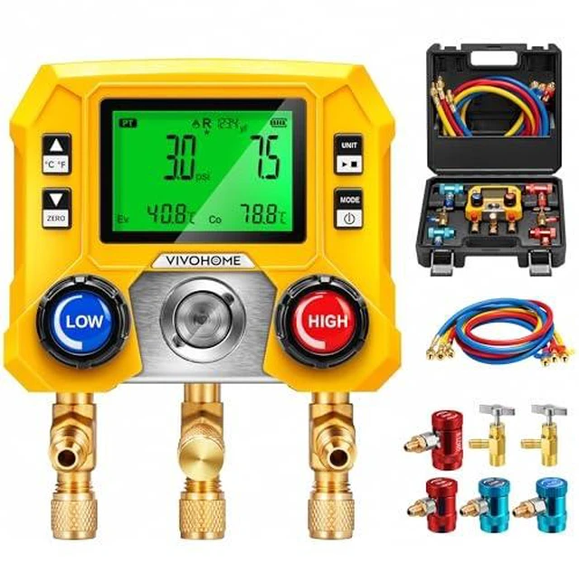 Alt view image 2 of 7 - Digital HVAC Manifold Gauge Set with R134a R1234yf Quick Couplers and Can Taps with 1/4 HP 3.5 CFM Single Stage A2L HVAC Vacuum Pump, Sparkless Motor