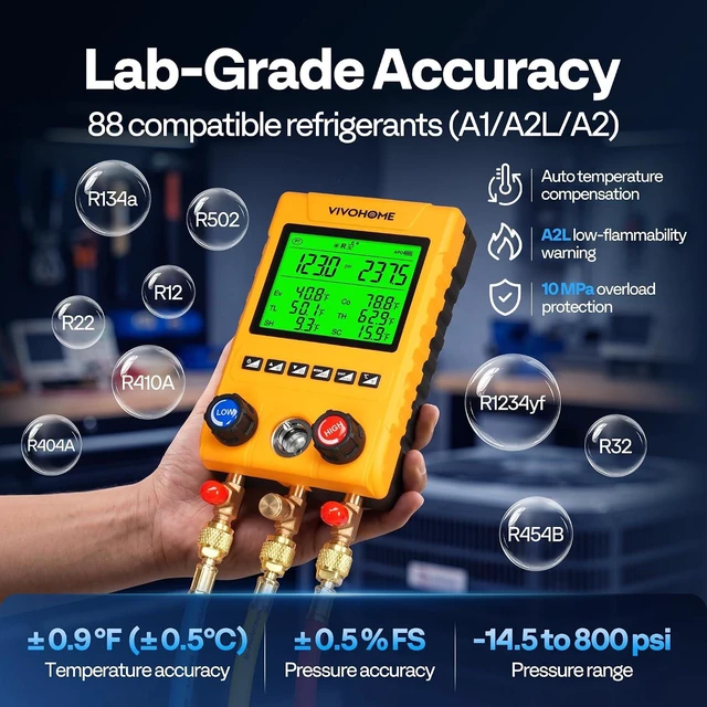 Alt view image 3 of 7 - Digital HVAC Manifold Gauges with 2 Wired Temperature Clamp Probes