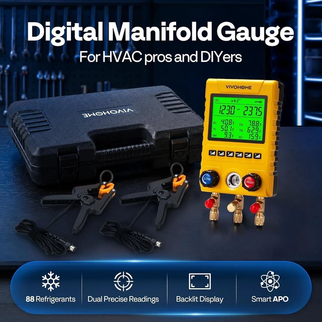 Alt view image 2 of 7 - Digital HVAC Manifold Gauges with 2 Wired Temperature Clamp Probes