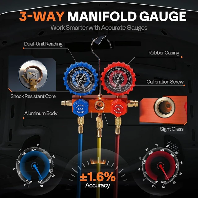 Alt view image 6 of 7 - VG Series 1/2HP 5CFM 2 Stage AC Vacuum Pump and Manifold Gauge Set