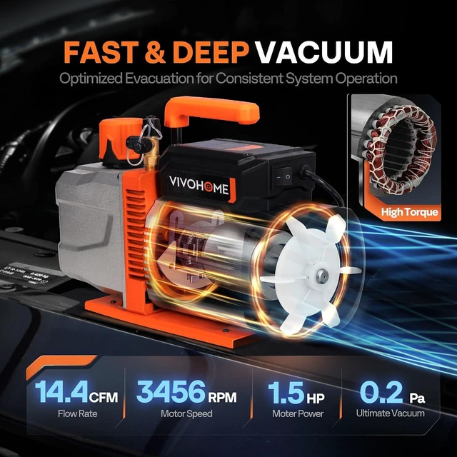 Alt view image 2 of 7 - VG Series 1.5HP 14.4CFM 2 Stage AC Vacuum Pump and 4 Way Gauge Set