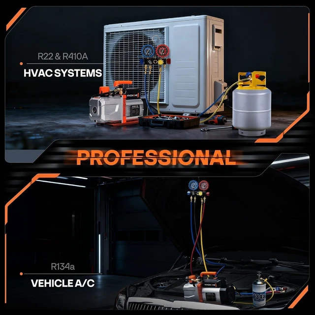 Alt view image 3 of 7 - VG Series 1.5HP 14.4CFM 2 Stage AC Vacuum Pump and 4 Way Gauge Set