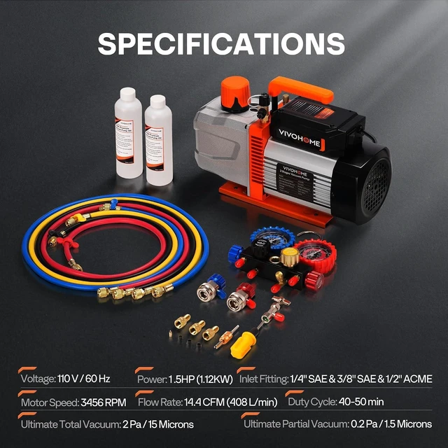 Alt view image 7 of 7 - VG Series 1.5HP 14.4CFM 2 Stage AC Vacuum Pump and 4 Way Gauge Set