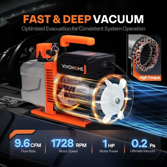 Alt view image 2 of 7 - VG Series 1 HP 9.6CFM 2 Stage AC Vacuum Pump and 4 Way Gauge Set