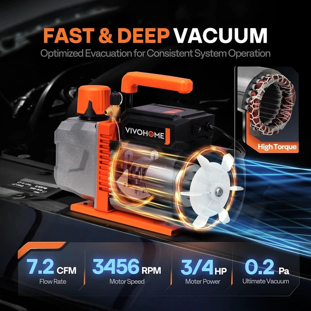 Alt view image 2 of 7 - VG Series 3/4 HP 7.2CFM 2 Stage AC Vacuum Pump and 4 Way Gauge Set