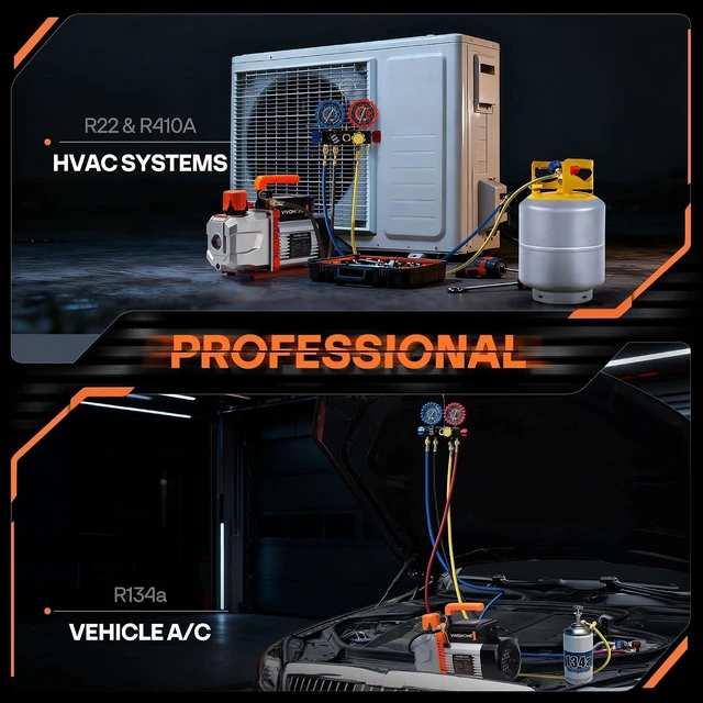 Alt view image 3 of 7 - VG Series 3/4 HP 7.2CFM 2 Stage AC Vacuum Pump and 4 Way Gauge Set