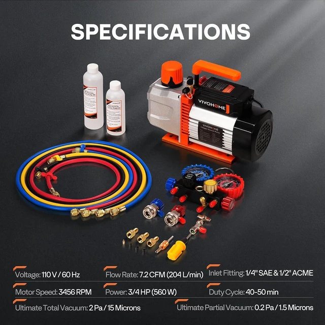 Alt view image 7 of 7 - VG Series 3/4 HP 7.2CFM 2 Stage AC Vacuum Pump and 4 Way Gauge Set
