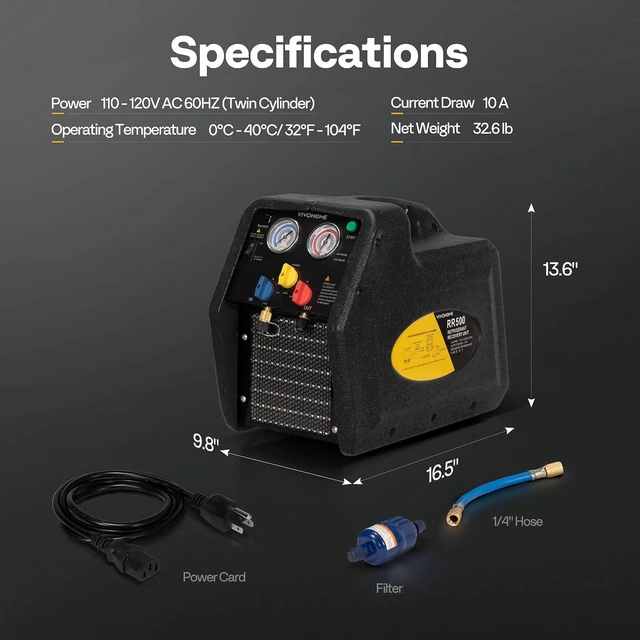 Alt view image 7 of 7 - A2L 1 HP Dual Cylinder Portable Refrigerant Recovery Machine