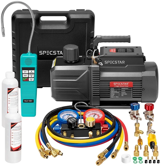 Main image of 1 HP 9.6 CFM 2 Stage AC Vacuum Pump and 4 Way Manifold Gauge Set